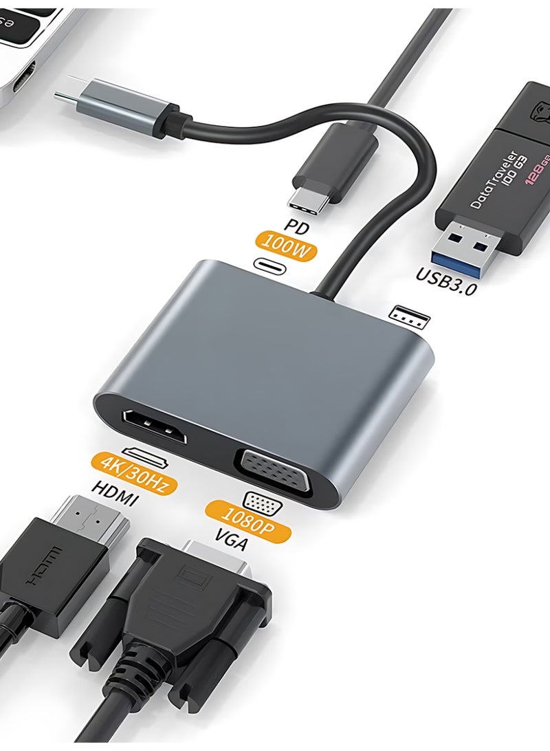 CLAVON 4-in-1 USB C Hub Adapter with 4K HDMI & 1080P VGA, 100W PD Charging, USB 3.0 Data Port, Compact Design for MacBook Air/Pro, Dell XPS, HP, Surface Pro, Laptops - Image 1